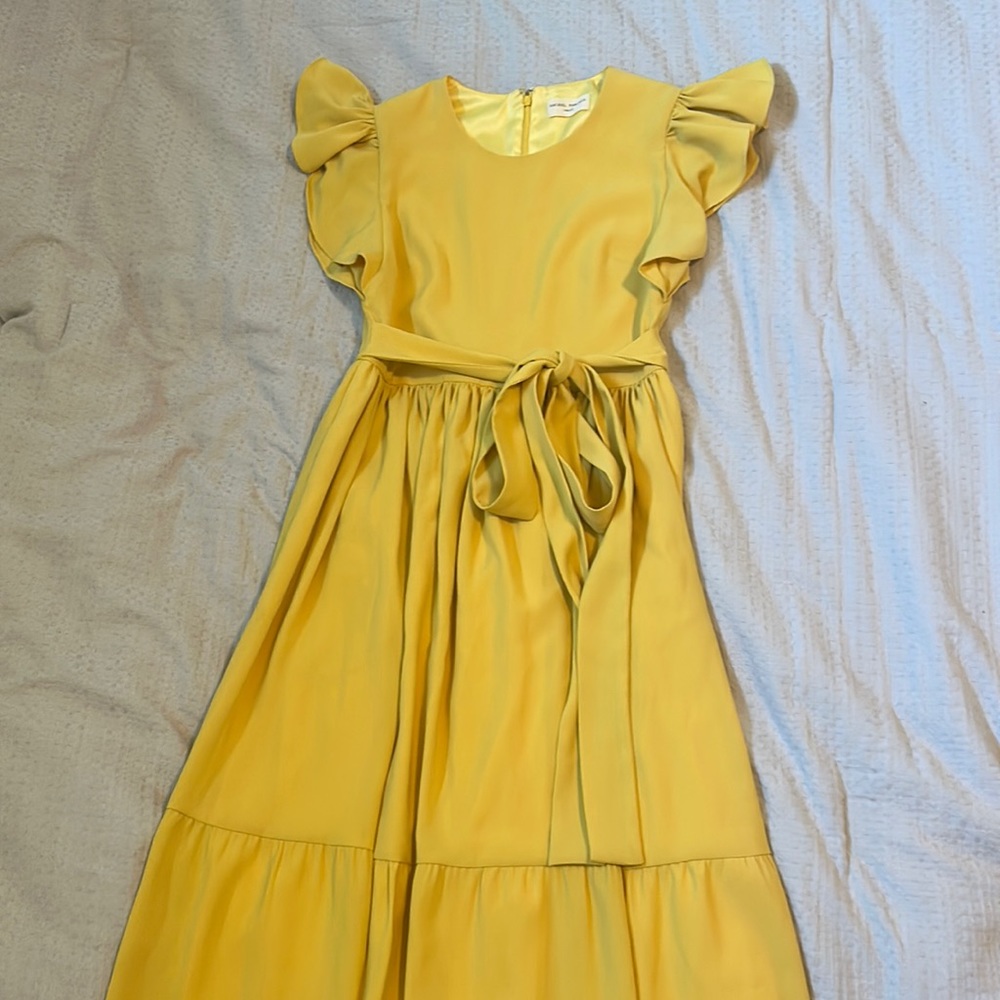 Merigold midi dress with flutter sleeves, and tie-waist